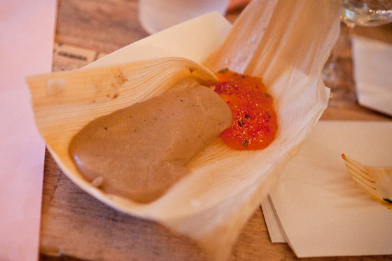 "Tourtière tamale": ground pork and spices with gravy and plum sauce "Tourtière tamale": ground pork and spices with gravy and plum sauce