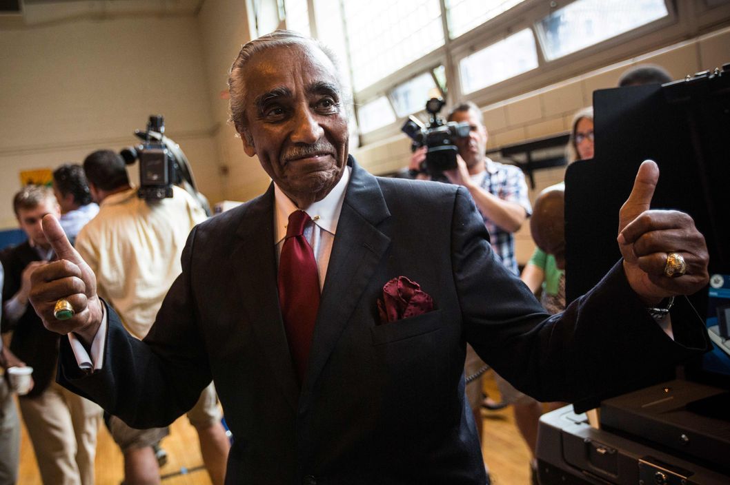 NEW YORK, NY - JUNE 24:  Rep. Charlie Rangel (D-NY) gives a thumbs up after voting in the Democratic Primary for the 13th District congressional district of New York on June 24, 2014 in the Harlem neighborhood of New York City.   The 84-year-old congressman faces a tight Democratic primary election against state Sen. Adriano Espaillat. (Photo by Andrew Burton/Getty Images)