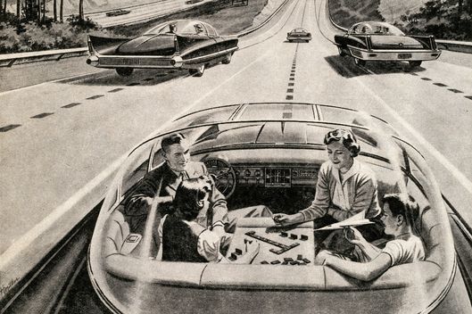 Vintage illustration of a family of four playing a board game, while their futuristic electric car automatically drives itself, 1957. 