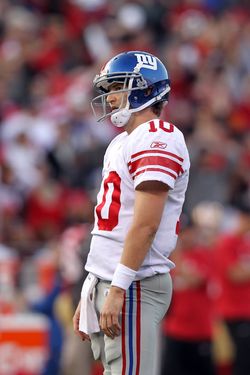 SAN FRANCISCO, CA - NOVEMBER 13:  Eli Manning #10 of the New York Giants reacts after the Giants turned the ball over on downs in the final minute of their loss to the San Francisco 49ers at Candlestick Park on November 13, 2011 in San Francisco, California.  (Photo by Ezra Shaw/Getty Images)