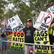 NEW YORK, NY - JULY 24: Anti Gay marriage protesters from the Westboro Baptist Church attend the first day of legal same-sex marriage in New York State on July 24, 2011 in New York City. (Photo by Bennett Raglin/WireImage)