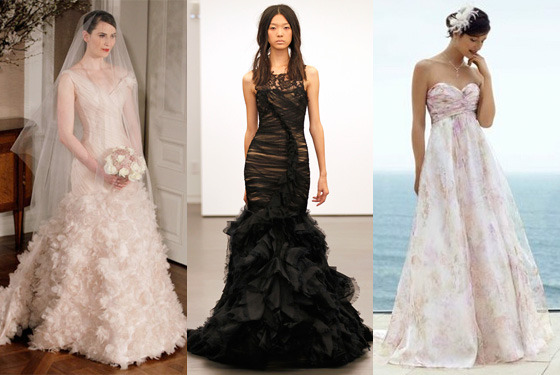 A blush gown by Romona Keveza a black gown by Vera Wang and a printed gown