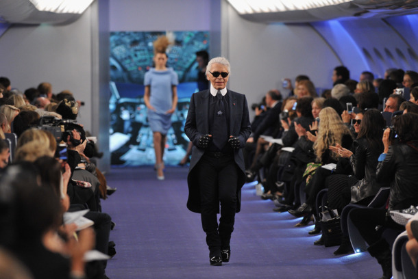 PARIS, FRANCE - JANUARY 24:  Karl Lagerfeld acknowledges the applause of the audience after the Chanel Haute-Couture Spring / Summer 2012 Show as part of Paris Fashion Week at Grand Palais on January 24, 2012 in Paris, France.  (Photo by Pascal Le Segretain/Getty Images)