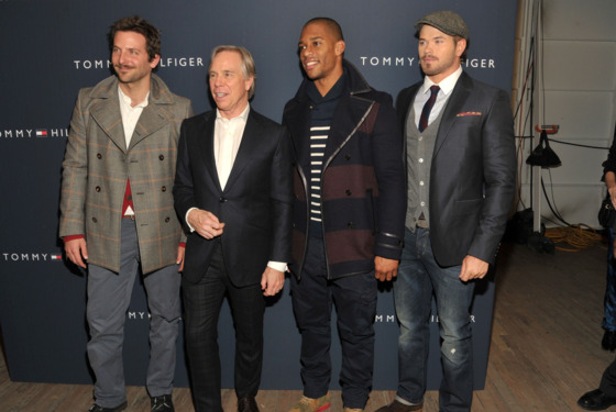 NEW YORK, NY - FEBRUARY 10:  (L-R) Bradley Cooper, designer Tommy Hilfiger, New York Giants wide receiver Victor Cruz, and Kellan Lutz pose backstage at the Tommy Hilfiger Men's Fall 2012 fashion show during Mercedes-Benz Fashion Week on February 10, 2012 in New York City.  (Photo by Joe Corrigan/Getty Images for Mercedes-Benz Fashion Week)