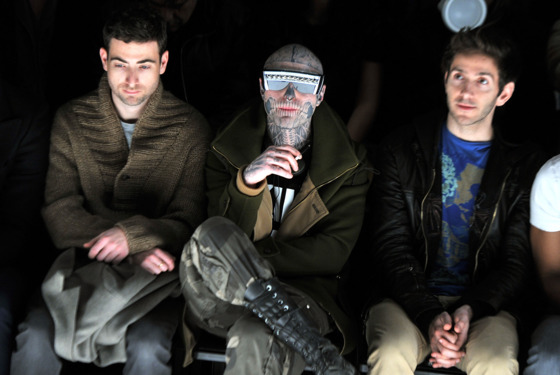 NEW YORK, NY - FEBRUARY 10:  Rick Genest (C) attends the General Idea Fall 2012 fashion show during Mercedes-Benz Fashion Week at The Studio at Lincoln Center on February 10, 2012 in New York City.  (Photo by Stephen Lovekin/Getty Images for Mercedes-Benz Fashion Week)