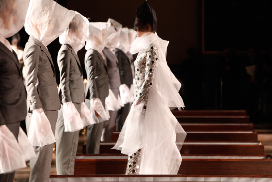 NEW YORK - FEBRUARY 13:  Model walks the runway at the Thom Browne fall 2012 presentation during Mercedes-Benz Fashion Week at The New York Public Library on February 13, 2012 in New York City.  (Photo by Amy Sussman/Getty Images)