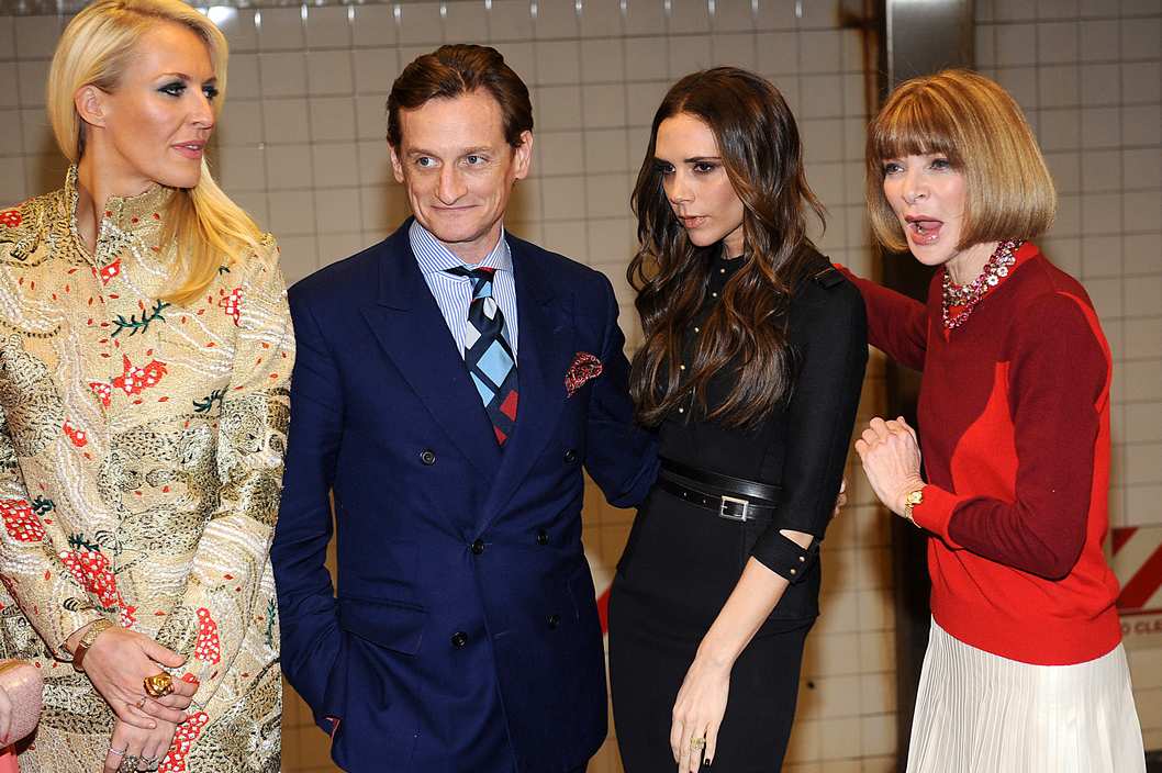 (2nd L-R) Hamish Bowles, Victoria Beckham and Anna Wintour attends the launch of Britain's GREAT campaign at Grand Central Shuttle Station on February 15, 2012 in New York City.