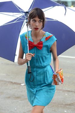 Alexa Chung walks with an umbrella to her trailer on the set of 'Gossip Girl' filming scenes at Capitale in the Lower East Side. Also seen trying to keep out of the rain were Leighton Meester, Yin Chang and Barry Watson  <P> Pictured: Alexa Chung <P> <B>Ref: SPL421104  010812  </B><BR/> Picture by: Wylde / Splash News<BR/> </P><P> <B>Splash News and Pictures</B><BR/> Los Angeles:	310-821-2666<BR/> New York:	212-619-2666<BR/> London:	870-934-2666<BR/> photodesk@splashnews.com<BR/> </P>