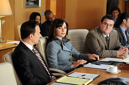 "The Death Zone"--When Alicia's (Julianna Margulies) case is retried in British court via satellite, she and Will (Josh Charles, left) enlist barrister Timothy Ash Brannon (Simon Delaney, right) as their co-council, on THE GOOD WIFE, Sunday, Oct. 2 (9:00-10:00 PM, ET/PT) on the CBS Television Network. Photo: David M. Russell/CBS ?2011 CBS Broadcasting Inc. All Rights Reserved.