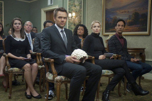 COMMUNITY -- "Advanced Gay" Episode 306 -- Pictured: (l-r) Alison Brie as Annie, Joel McHale as Jeff, Yvette Nicole Brown as Shirley, Gillian Jacobs as Britta, Danny Pudi as Abed -- Photo by: Lewis Jacobs/NBC