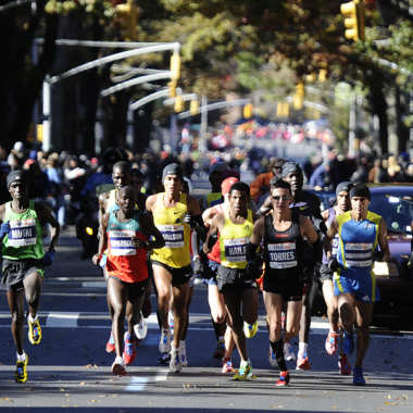Elite men runners compete in the New York City Marathon in New York on November 7, 2010. Ethiopian Gebre Gebremariam won in a time of 2:08.14 ahead of Kenyans Emmanuel Mutai and Moses Kigen Kipkosgei. World record holder Haile Gebrselassie (C) announced his retirement after dropping out of the race. AFP PHOTO/Emmanuel Dunand (Photo credit should read EMMANUEL DUNAND/AFP/Getty Images)