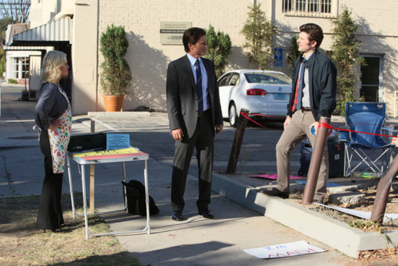 PARKS AND RECREATION -- "The Smallest Park" Episode 408 -- Pictured: (l-r) Amy Poehler as Leslie Knope, Rob Lowe as Chris Traeger, Adam Scott as Ben Wyatt -- Photo by: Danny Feld/NBC PARKS AND RECREATION -- "The Smallest Park" Episode 408 -- Pictured: (l-r) Amy Poehler as Leslie Knope, Rob Lowe as Chris Traeger, Adam Scott as Ben Wyatt -- Photo by: Danny Feld/NBC