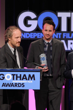 NEW YORK, NY - NOVEMBER 28: Director Mike Mills speaks onstage as Mary Page Keller, Kai Lennox and Christopher Plummer look on at the IFP's 21st Annual Gotham Independent Film Awards at Cipriani Wall Street on November 28, 2011 in New York City. (Photo by Jemal Countess/WireImage for IFP)