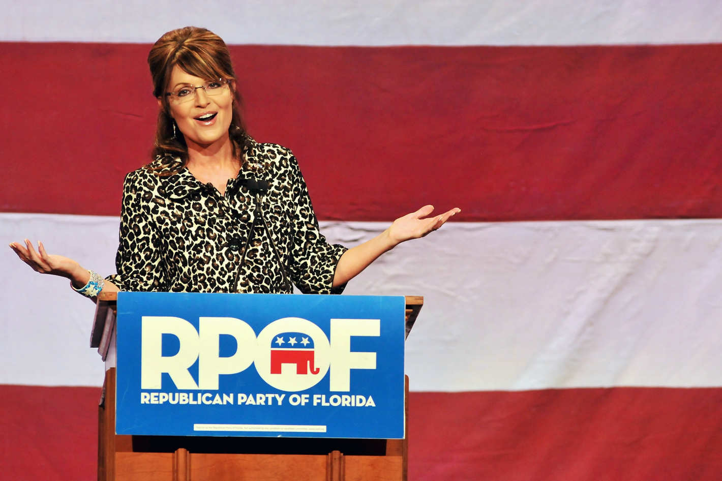 LAKE BUENA VISTA, FL - NOVEMBER 3: Former Alaska governor Sarah Palin speaks during the Republican Party of Florida's fundraising event at Disney's Grand Floridian Resort on November 3, 2011 in Lake Buena Vista, Florida. About 800 people attended the fundraiser to listen to Palin speak, along with Governor Rick Scott and the Attorney General Pam Bondi. (Photo by Roberto Gonzalez/Getty Images)
