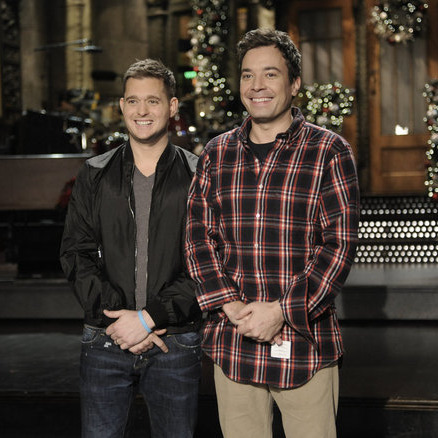 SATURDAY NIGHT LIVE -- "Jimmy Fallon" Episode 1608 -- Pictured: (l-r) Michael Buble, Jimmy Fallon -- Photo by: Dana Edelson/NBC