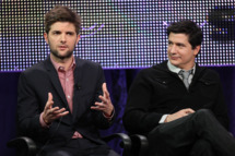 PASADENA, CA - JANUARY 16: Actors Adam Scott (L) and Ken Marino of the television show "Party Down" speak during the Starz Network portion of The 2010 Winter TCA Press Tour at the Langham Hotel on January 16, 2010 in Pasadena, California. (Photo by Frederick M. Brown/Getty Images) *** Local Caption *** Adam Scott;Ken Marino