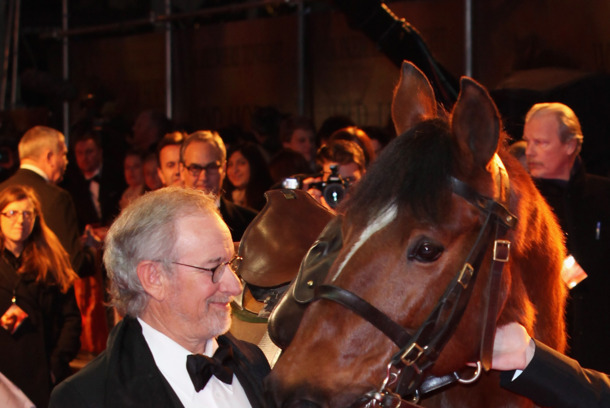 LONDON, ENGLAND - JANUARY 08: Director Steven Spielberg poses with Joey, the War Horse during the UK premiere of War Horse at Odeon Leicester Square on January 8, 2012 in London, England. (Photo by Tim Whitby/Getty Images) LONDON, ENGLAND - JANUARY 08: Director Steven Spielberg poses with Joey, the War Horse during the UK premiere of War Horse at Odeon Leicester Square on January 8, 2012 in London, England. (Photo by Tim Whitby/Getty Images)