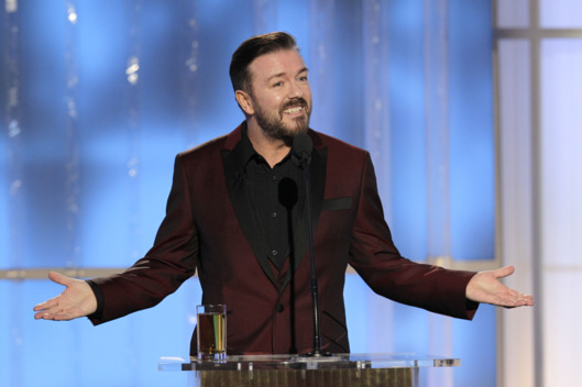 In this handout photo provided by NBC, host Ricky Gervais.