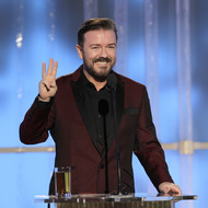 BEVERLY HILLS, CA - JANUARY 15: In this handout photo provided by NBC, host Ricky Gervais onstage during the 69th Annual Golden Globe Awards at the Beverly Hilton International Ballroom on January 15, 2012 in Beverly Hills, California. (Photo by Paul Drinkwater/NBC via Getty Images) BEVERLY HILLS, CA - JANUARY 15: In this handout photo provided by NBC, host Ricky Gervais onstage during the 69th Annual Golden Globe Awards at the Beverly Hilton International Ballroom on January 15, 2012 in Beverly Hills, California. (Photo by Paul Drinkwater/NBC via Getty Images)