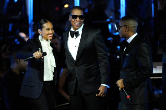 Alicia Keys, Jay-Z and Nas perform at Carnegie Hall to Benefit the United Way of New York City and the Shawn Carter Foundation on February 7, 2012 in New York City.