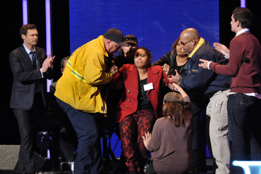 AMERICAN IDOL: Hollywood: Over 300 contestants made it to Hollywood and only 70 will survive. The Hollywood round begins Wednesday, Feb. 8 (8:00-9:00 PM ET/ PT) and Thursday, Feb. 9 (8:00-9:00 PM ET/PT) on FOX. Pictured: A contestant is helped off the stage after fainting during her performance. CR: Michael Becker / FOX.