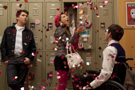 GLEE: Rory (guest star Damian McGinty, L) and Artie (Kevin McHale, R) compete for Sugar's (guest star Vanessa Lengies, C) love in the"Heart" episode of GLEE airing Tuesday, Feb. 14 (8:00-9:00 PM ET/PT) on FOX.