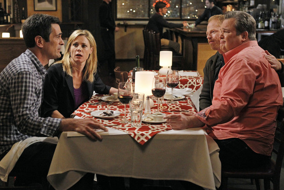 MODERN FAMILY - "Aunt Mommy" - After closing on the sale of a house to Mitch and Cam's friends, Phil and Claire take the two of them out for a celebratory dinner where they proceed to over-indulge in drinks, which leads to some over-sharing, and finally results in waking up the next morning hung over and begging the question - if you'll do anything for family, shouldn't there still be a line drawn somewhere? -- on "Modern Family," WEDNESDAY, FEBRUARY 15 (9:00-9:31 p.m., ET), on the ABC Television Network. (ABC/PETER "HOPPER" STONE)
TY BURRELL, JULIE BOWEN, JESSE TYLER FERGUSON, ERIC STONESTREET MODERN FAMILY - "Aunt Mommy" - After closing on the sale of a house to Mitch and Cam's friends, Phil and Claire take the two of them out for a celebratory dinner where they proceed to over-indulge in drinks, which leads to some over-sharing, and finally results in waking up the next morning hung over and begging the question - if you'll do anything for family, shouldn't there still be a line drawn somewhere? -- on "Modern Family," WEDNESDAY, FEBRUARY 15 (9:00-9:31 p.m., ET), on the ABC Television Network. (ABC/PETER "HOPPER" STONE)
TY BURRELL, JULIE BOWEN, JESSE TYLER FERGUSON, ERIC STONESTREET