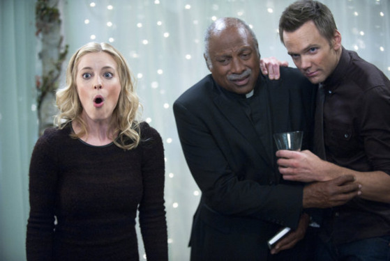 COMMUNITY -- "Urban Matrimony and the Sandwich Arts" Episode 312 -- Pictured: (l-r) Gillian Jacobs as Britta, Charles Walker as Minister, Joel McHale as Jeff -- Photo by: Lewis Jacobs/NBC COMMUNITY -- "Urban Matrimony and the Sandwich Arts" Episode 312 -- Pictured: (l-r) Gillian Jacobs as Britta, Charles Walker as Minister, Joel McHale as Jeff -- Photo by: Lewis Jacobs/NBC