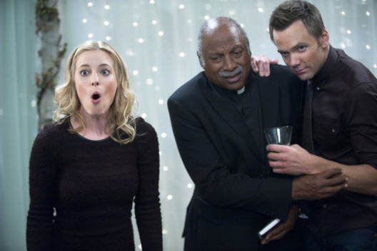 COMMUNITY -- "Urban Matrimony and the Sandwich Arts" Episode 312 -- Pictured: (l-r) Gillian Jacobs as Britta, Charles Walker as Minister, Joel McHale as Jeff -- Photo by: Lewis Jacobs/NBC