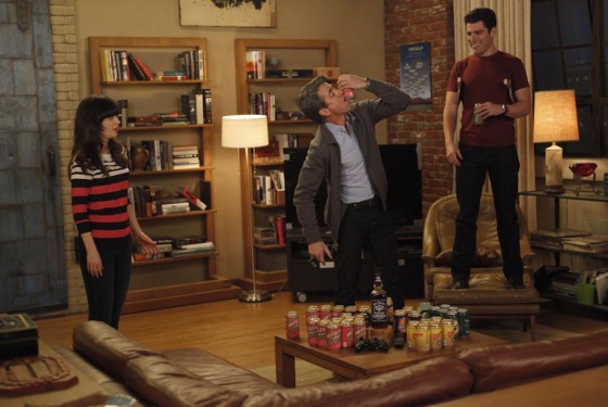 NEW GIRL: The gang plays drinking games when Jess (Zooey Deschanel, L) invites Russell (guest star Dermot Mulroney, C) to spend the weekend at the loft in the "Normal" episode of NEW GIRL airing Tuesday, April 10 (9:00-9:31 PM ET/PT) on FOX. Also pictured: Max Greenfield (R). ©2012 Fox Broadcasting Co. Cr: Greg Gayne/FOX NEW GIRL: The gang plays drinking games when Jess (Zooey Deschanel, L) invites Russell (guest star Dermot Mulroney, C) to spend the weekend at the loft in the "Normal" episode of NEW GIRL airing Tuesday, April 10 (9:00-9:31 PM ET/PT) on FOX. Also pictured: Max Greenfield (R). ©2012 Fox Broadcasting Co. Cr: Greg Gayne/FOX