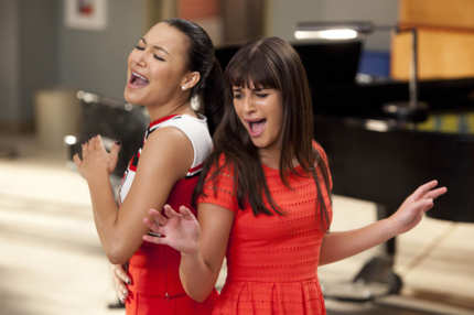 GLEE: Santana (Naya Rivera, L) and Rachel (Lea Michele, R) perform in the "Dance With Somebody" episode of GLEE airing Tuesday, April 24 (8:00-9:00 PM ET/PT) on FOX.