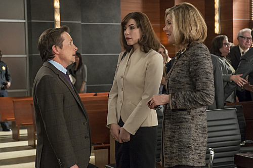"The Dream Team"--Diane (Christine Baranski, right) and Alicia (Julianna Margulies, left) speak with Louis Canning (Michael J Fox) after a ruling doesn't go his way, on THE GOOD WIFE, Sunday, April 29 (9:01-10:02 PM ET/PT) on the CBS Television Network.