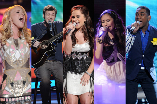 From left, Hollie Cavanagh, Phillip Phillips, Skylar Laine, Jessica Sanchez and Joshua Ledet give their performances in front of the judges on America Idol airing Wednesday, May 2 on FOX.