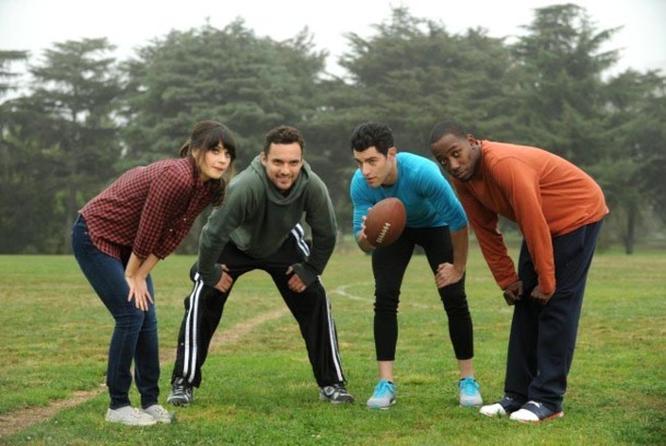 NEW GIRL: The gang (L-R: Zooey Deschanel, Jake Johnson, Max Greenfield and Lamorne Morris) get together for a game of touch football in the "Injured" episode of NEW GIRL airing Tuesday, March 6 (9:00-9:30 PM ET/PT) on FOX. ©2012 Fox Broadcasting Co. Cr: Ray Mickshaw/FOX NEW GIRL: The gang (L-R: Zooey Deschanel, Jake Johnson, Max Greenfield and Lamorne Morris) get together for a game of touch football in the "Injured" episode of NEW GIRL airing Tuesday, March 6 (9:00-9:30 PM ET/PT) on FOX. ©2012 Fox Broadcasting Co. Cr: Ray Mickshaw/FOX