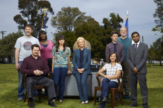 PARKS AND RECREATION -- Season: 3 -- Pictured: (l-r) Chris Pratt as Andy Dwyer, Nick Offerman as Ron Swanson, Retta as Donna, Aubrey Plaza as April Ludgate, Amy Poehler as Leslie Knope, Rashida Jones as Ann Perkins, Adam Scott as Ben Wyatt, Jim O'Heir as Jerry, Aziz Ansari as Tom Haverford -- Photo by: Mitchell Haaseth/NBC