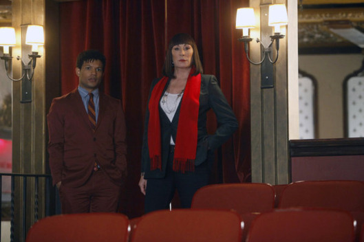 SMASH -- "Bombshell" Episode 115 -- Pictured: (l-r) Jaime Cepero as Ellis Boyd, Anjelica Huston as Eileen Rand.
