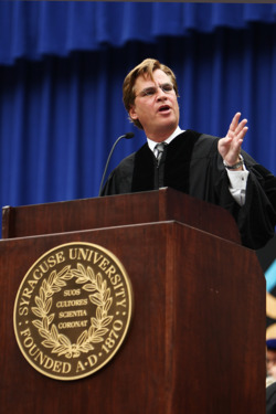 SYRACUSE, NY - MAY 13: Aaron Sorkin, screenwriter, producer and playwright, gestures during his address at the 2012 Syracuse University Commencement at Syracuse University on May 13, 2012 at the Carrier Dome in Syracuse, New York. (Photo by Nate Shron/Getty Images) SYRACUSE, NY - MAY 13: Aaron Sorkin, screenwriter, producer and playwright, gestures during his address at the 2012 Syracuse University Commencement at Syracuse University on May 13, 2012 at the Carrier Dome in Syracuse, New York. (Photo by Nate Shron/Getty Images)