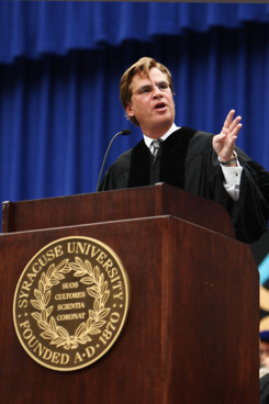 SYRACUSE, NY - MAY 13: Aaron Sorkin, screenwriter, producer and playwright, gestures during his address at the 2012 Syracuse University Commencement at Syracuse University on May 13, 2012 at the Carrier Dome in Syracuse, New York. (Photo by Nate Shron/Getty Images)