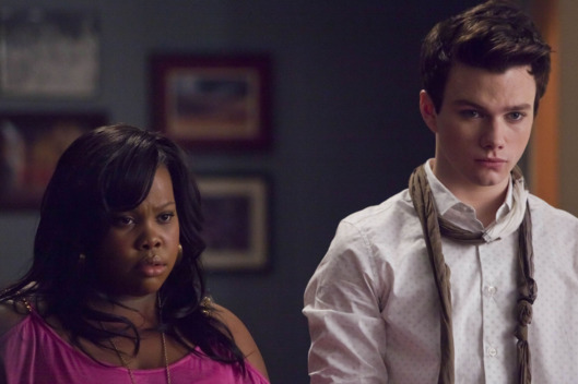 GLEE: Mercedes (Amber Riley, L) and Kurt (Chris Colfer, R) listen to Sue's plans in the first hour of a special two-hour "Props/Nationals" episode of GLEE airing Tuesday, May 15 (8:00-10:00 PM ET/PT) on FOX.
