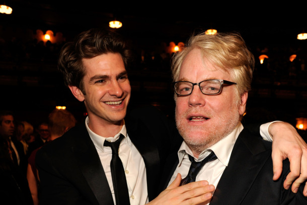 NEW YORK, NY - JUNE 10: (EXCLUSIVE COVERAGE) Actors Andrew Garfield and Philip Seymour Hoffman attend the 66th Annual Tony Awards at The Beacon Theatre on June 10, 2012 in New York City. (Photo by Kevin Mazur/WireImage for Tony Award Productions) NEW YORK, NY - JUNE 10: (EXCLUSIVE COVERAGE) Actors Andrew Garfield and Philip Seymour Hoffman attend the 66th Annual Tony Awards at The Beacon Theatre on June 10, 2012 in New York City. (Photo by Kevin Mazur/WireImage for Tony Award Productions)