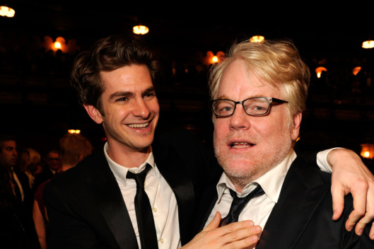 Actors Andrew Garfield and Philip Seymour Hoffman attend the 66th Annual Tony Awards