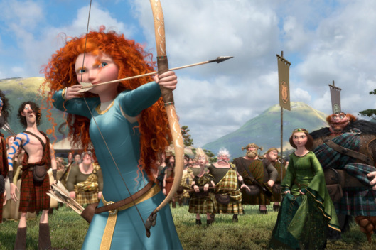“BRAVE” (L-R) LORD MACINTOSH and his son, YOUNG MACINTOSH; MERIDA, WEE DINGWALL and his father, LORD DINGWALL; LORD MacGUFFIN and his son, YOUNG MacGUFFIN; QUEEN ELINOR and KING FERGUS.