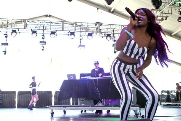 INDIO, CA - APRIL 14: Rapper/singer Azealia Banks performs onstage during day 2 of the 2012 Coachella Valley Music & Arts Festival at the Empire Polo Field on April 14, 2012 in Indio, California. (Photo by Karl Walter/Getty Images for Coachella) INDIO, CA - APRIL 14: Rapper/singer Azealia Banks performs onstage during day 2 of the 2012 Coachella Valley Music & Arts Festival at the Empire Polo Field on April 14, 2012 in Indio, California. (Photo by Karl Walter/Getty Images for Coachella)