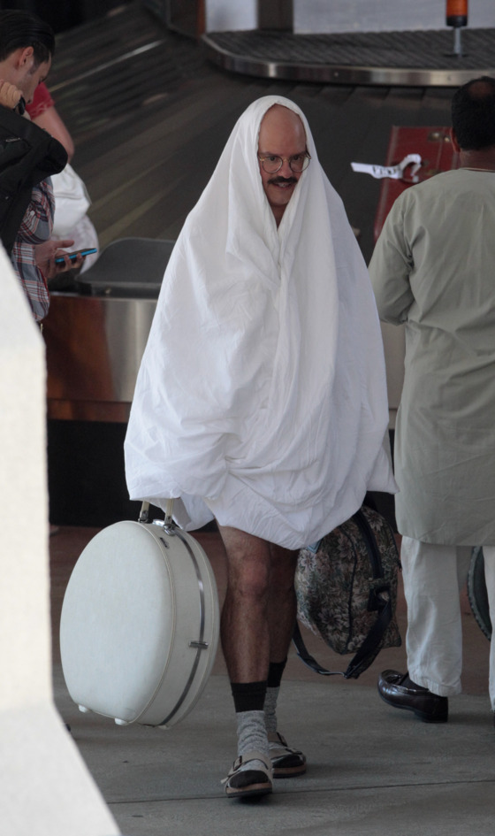 August 14th 2012 Burbank, CA ***EXCLUSIVE*** David Cross & Portia de Rossi film film a scene for the cult hit Television show, "Arrested Development" which last aired in 2006. Six years after being cancelled a fourth season has now begun filming for Netflix. The first scene to be filmed took place at the Burbank Airport with original cast members David Cross & Portia de Rossi . The Burbank Airport doubled for an airport in India with actor David Cross wearing  a Humorous version of the Sari. Photo by Eric Ford/ On Location News 818-613-3955 info@onlocationnews.com