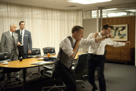 (L-R) Roger Sterling (John Slattery), Don Draper (Jon Hamm), Lane Pryce (Jared Harris) and Pete Campbell (Vincent Kartheiser) - Mad Men - Season 5, Episode 5 - Photo Credit: Ron Jaffe/AMC (L-R) Roger Sterling (John Slattery), Don Draper (Jon Hamm), Lane Pryce (Jared Harris) and Pete Campbell (Vincent Kartheiser) - Mad Men - Season 5, Episode 5 - Photo Credit: Ron Jaffe/AMC