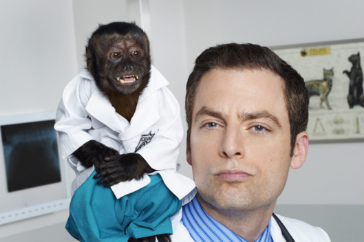 ANIMAL KINGDOM -- Season: Pilot -- Pictured: (l-r) Monkey as Dr. Zaius, Justin Kirk as Dr. George Coleman