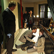 âÂÂWhile you Were Sleepingâ â Sherlock (Jonny Lee Miller, center) uses his powers of deduction to consult on the murder of a young man who is shot upon entering his apartment. Also pictured is Jon Michael Hill (far right) Aidan Quinn (right), Lucy Liu (center) in ELEMENTARY on October 4 (10:00-11:00 PM, ET/PT) on the CBS Television Network. PHOTO CREDIT: GIOVANNI RUFINO/CBS é 2012 CBS. All Rights Reserved. âÂÂWhile you Were Sleepingâ â Sherlock (Jonny Lee Miller, center) uses his powers of deduction to consult on the murder of a young man who is shot upon entering his apartment. Also pictured is Jon Michael Hill (far right) Aidan Quinn (right), Lucy Liu (center) in ELEMENTARY on October 4 (10:00-11:00 PM, ET/PT) on the CBS Television Network. PHOTO CREDIT: GIOVANNI RUFINO/CBS é 2012 CBS. All Rights Reserved.