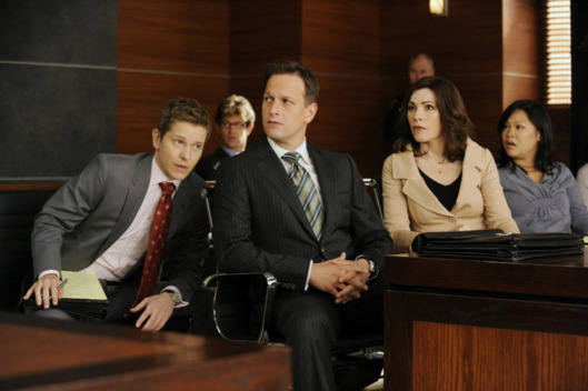 "Two Girls, One Code"--Cary (Matt Czuchry, left), Will (Josh Charles, center) and Alicia (Julianna Margulies, right) discuss strategy for their latest case, on THE GOOD WIFE, Sunday Oct 14 (9:00-10:00 PM, ET/PT) on the CBS Television Network.