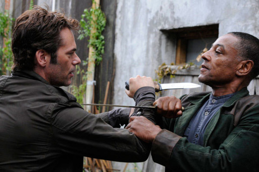 REVOLUTION -- "Soul Train" Episode 105 -- Pictured: (l-r) Billy Burke as Miles Matheson, Giancarlo Esposito as Captain Tom Neville.