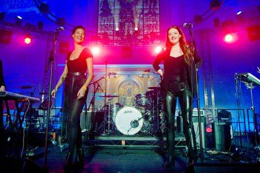 Caroline Hjelt and Aino Jawo of Icona Pop perform during Mencap's Little Noise Sessions at St John-at-Hackney Church on November 23, 2011 in London, England.